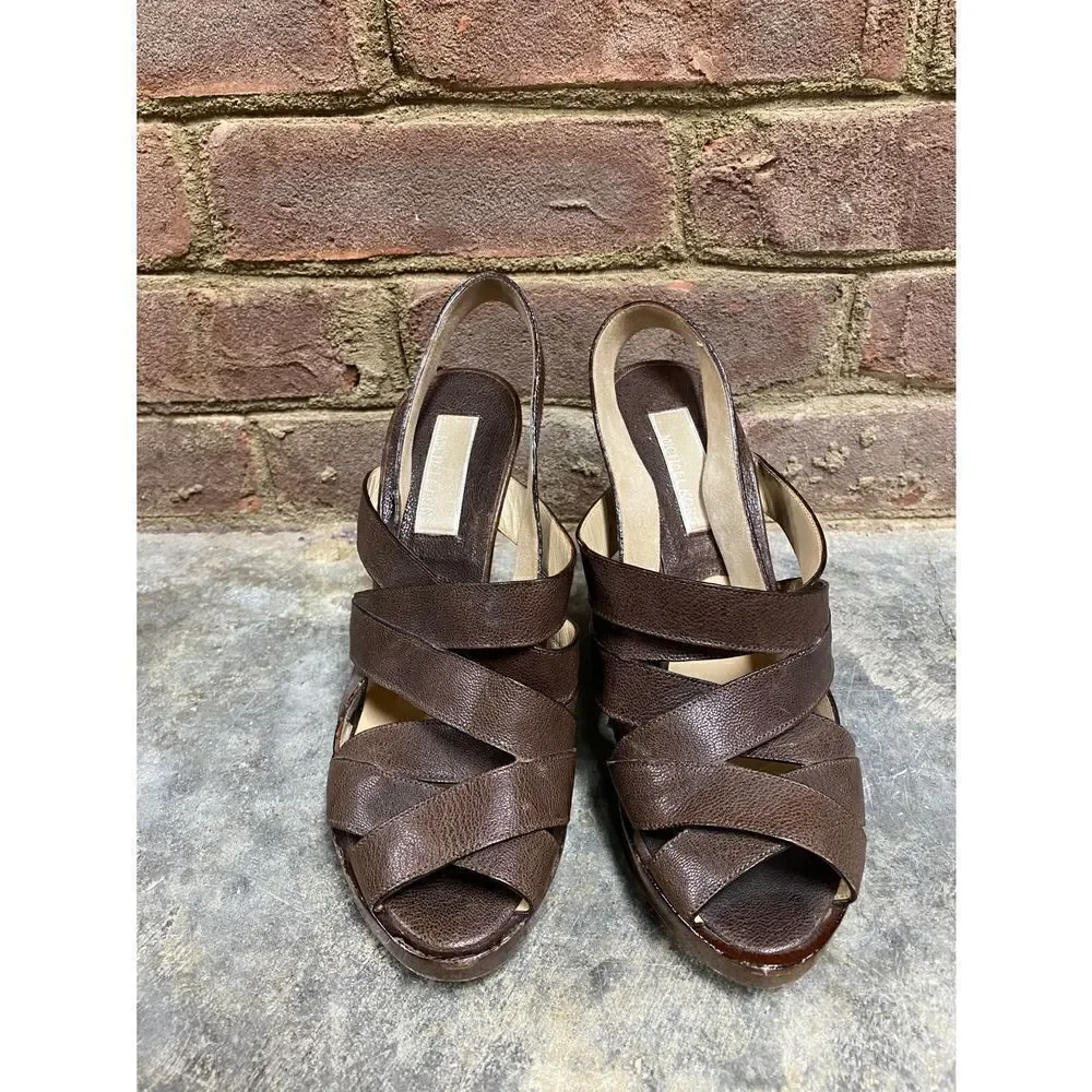 Michael Kors Brown Leather Strappy Platform Wedge Sandal Size 7